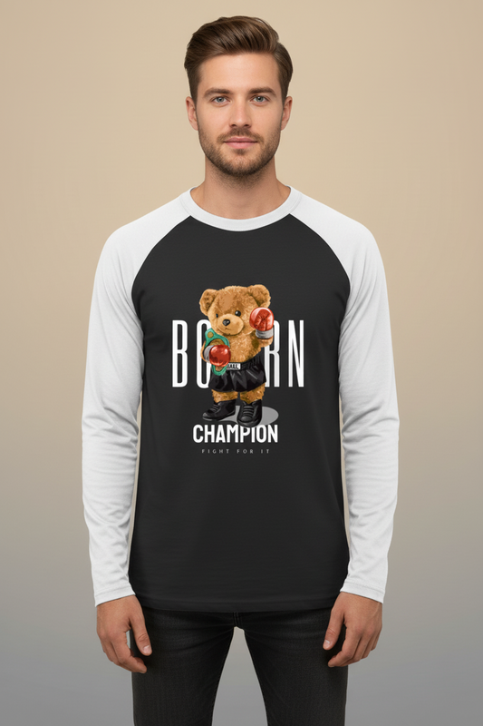 Unisex Raglan T-Shirt: Born Champion Bear (Black/White)