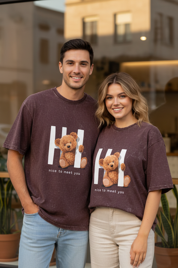 "HI With Teddy" Acid Washed Oversized Tee
