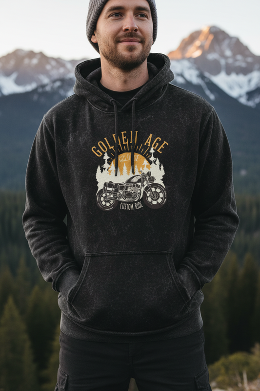 Adventure motorcycle campfire graphic Acid Washed Hoodie