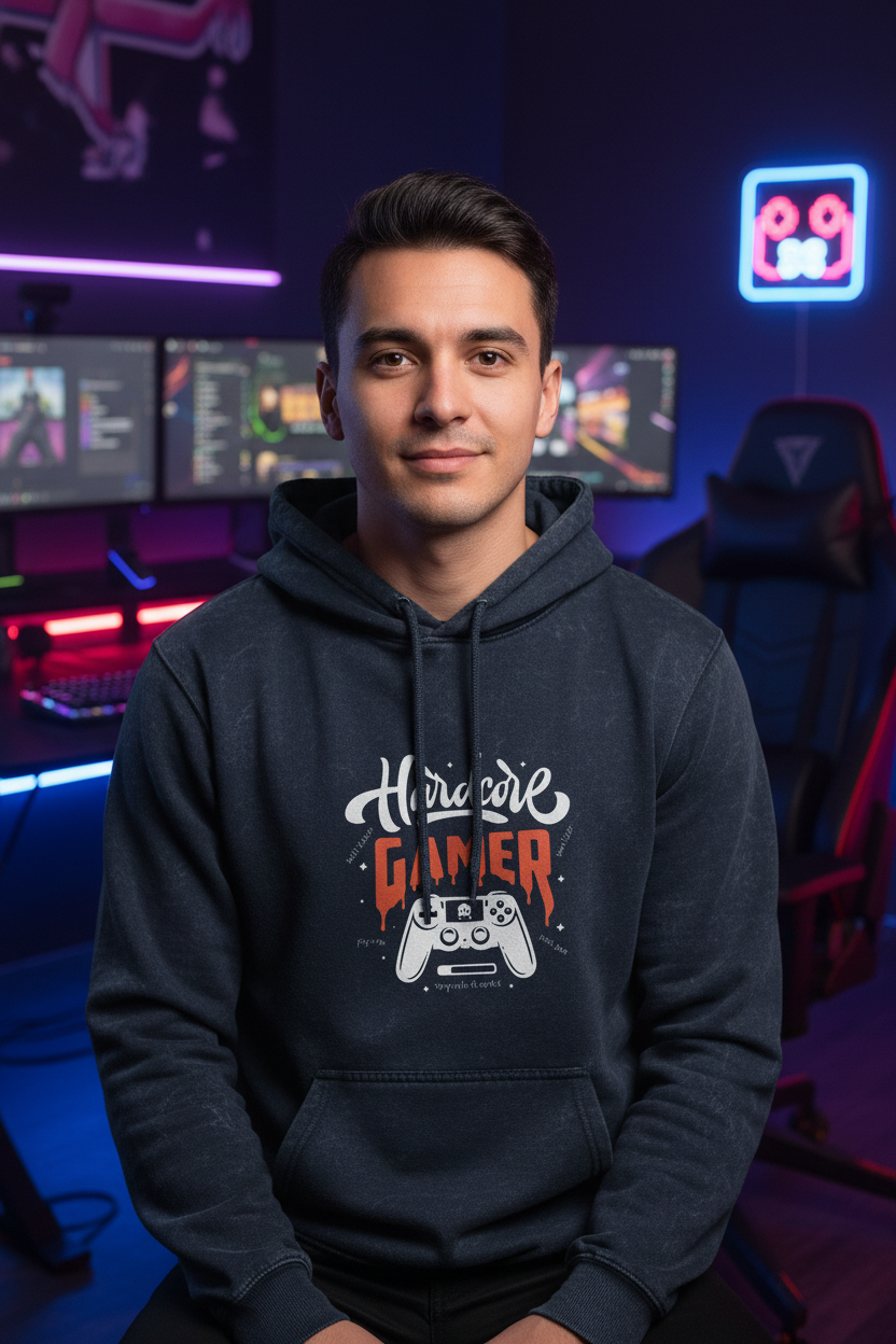 Men Acid Washed Hoodie: Hardcore Gamer