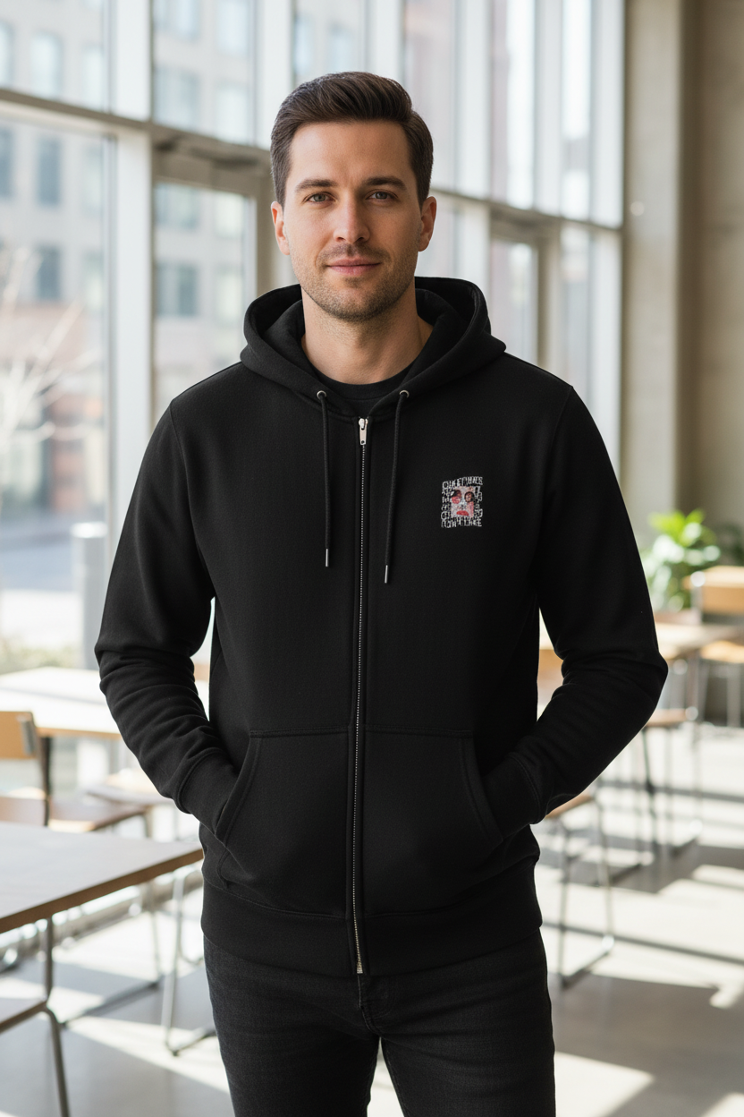 Unisex Zip Hoodie: Pixel Pup Patch (Black)