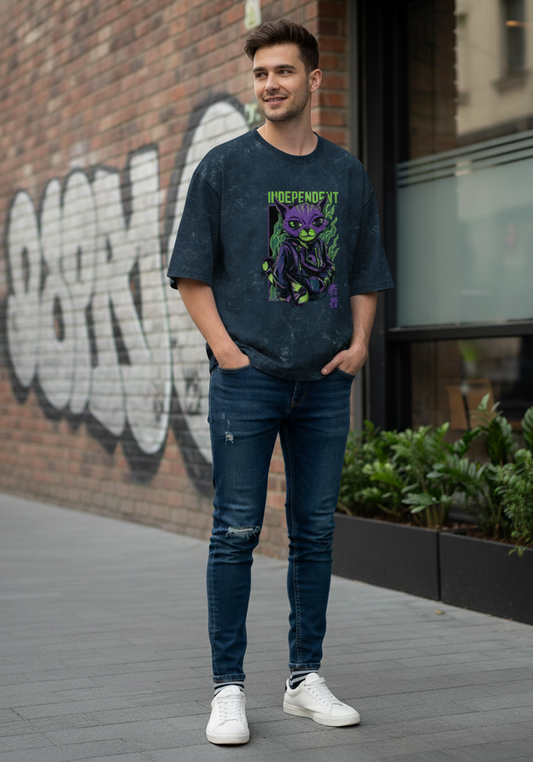Unisex Acid Washed Oversized Tee: Independent Cat