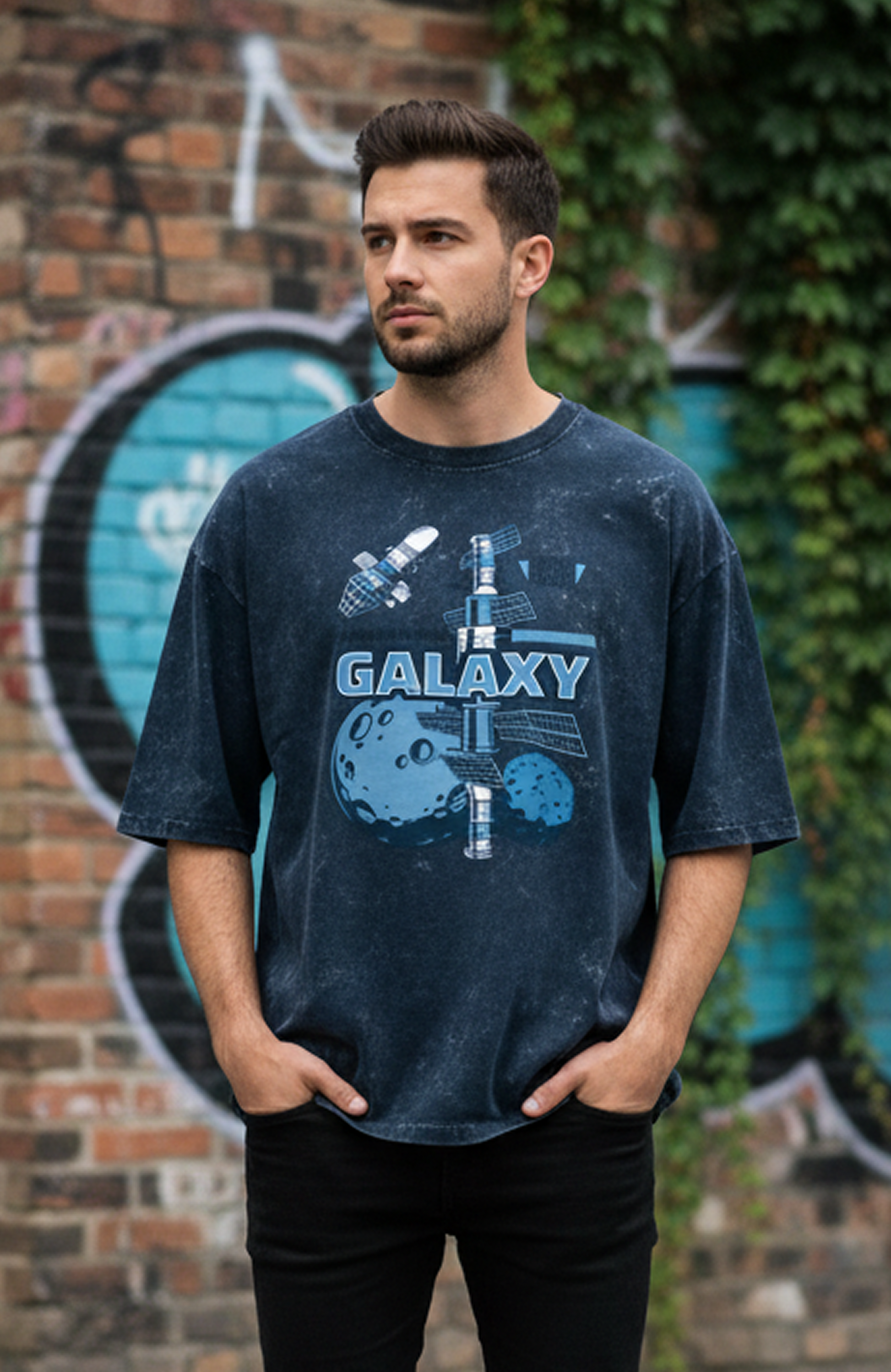 Unisex Acid Washed Oversized Tee: Galaxy Dock